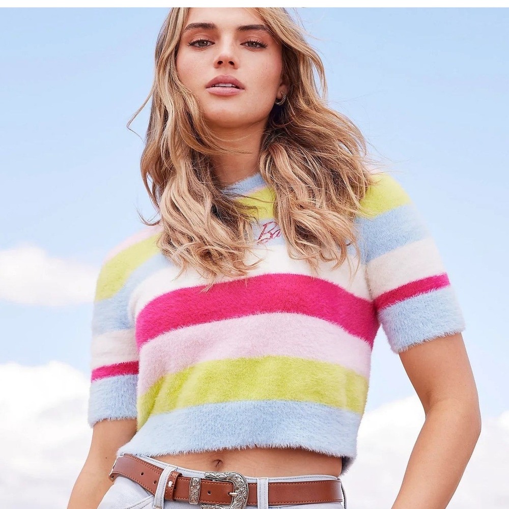 Wrangler x Barbie Striped Fuzzy Knit Cropped Short Sleeve Sweater Rainbow stripe